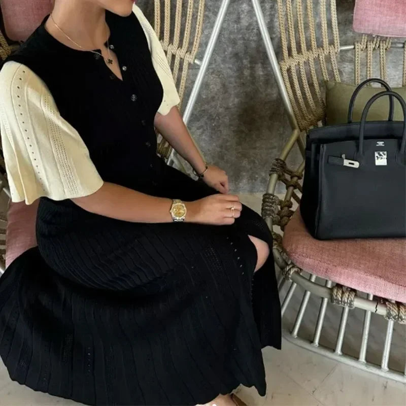 Vrouwen Maxi Jurk - Gebreid Patchwork met Korte Mouwen, Elegante Lange Zomerjurk 7
