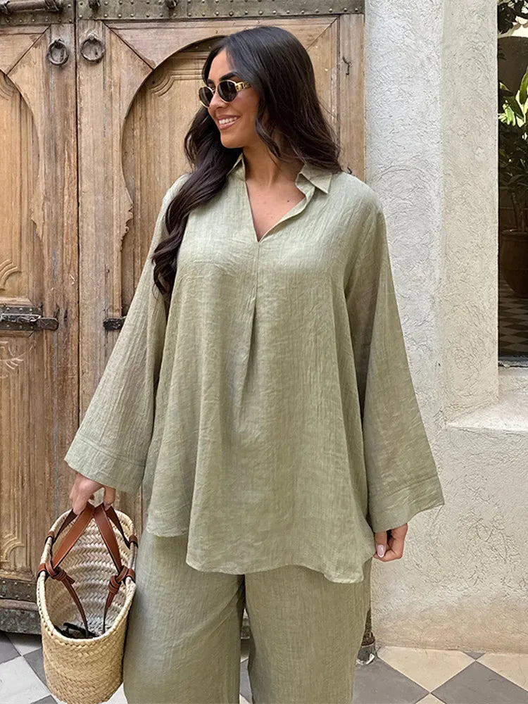 Vrouwen Oversized Top en Broek Set – Zachte V-hals, Trendy Lente Outfit 0