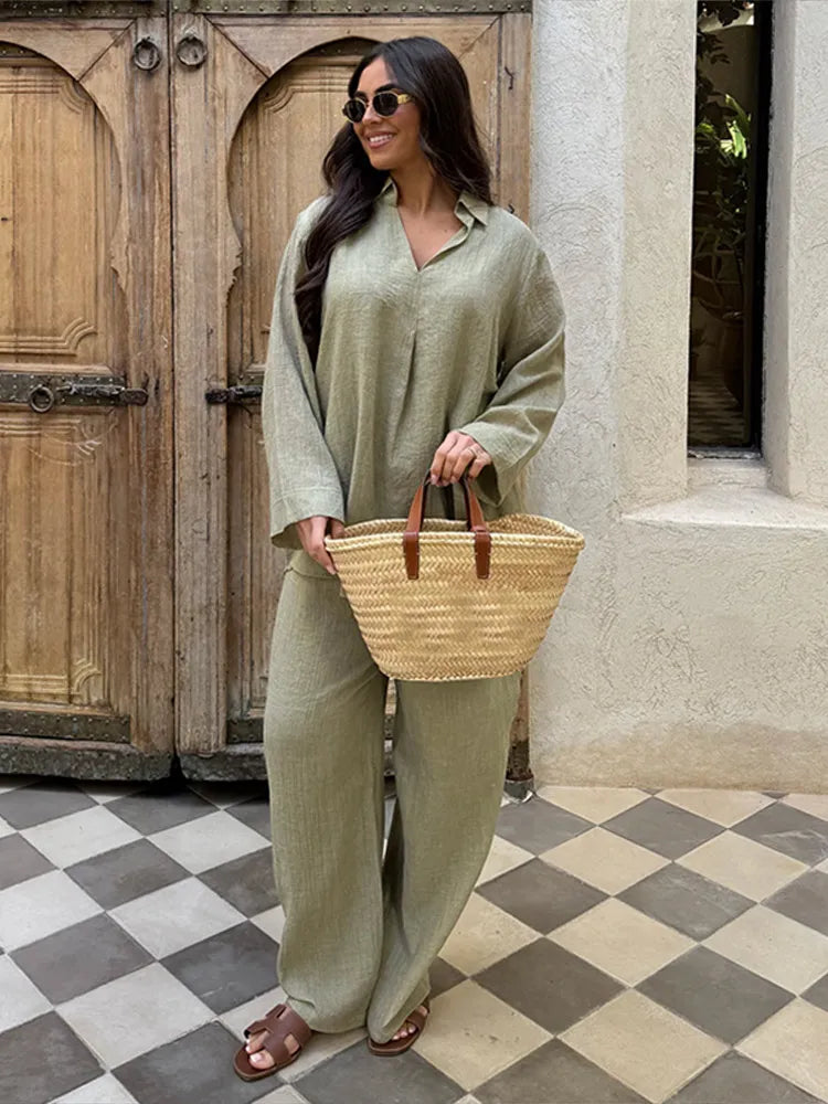 Vrouwen Oversized Top en Broek Set – Zachte V-hals, Trendy Lente Outfit 1