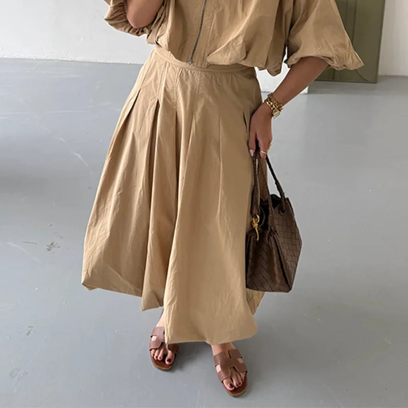 Vrouwen Zipper Lapel Tops en Rok Set – Casual met Halve Lantaarnmouwen, Geplooide Lange Rok 11