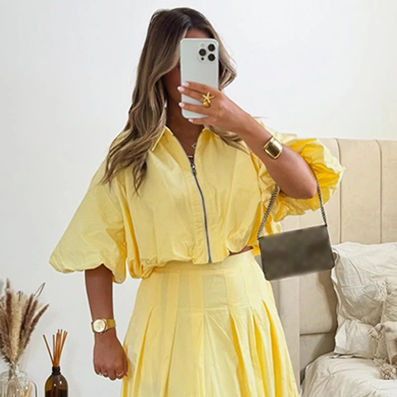 Vrouwen Zipper Lapel Tops en Rok Set – Casual met Halve Lantaarnmouwen, Geplooide Lange Rok 6