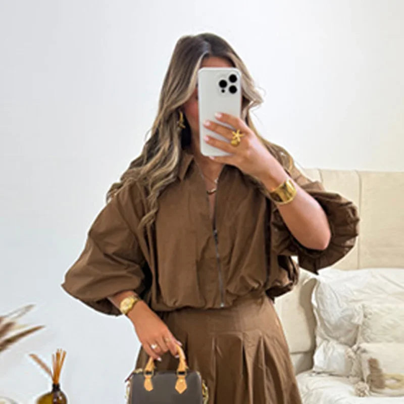 Vrouwen Zipper Lapel Tops en Rok Set – Casual met Halve Lantaarnmouwen, Geplooide Lange Rok 9
