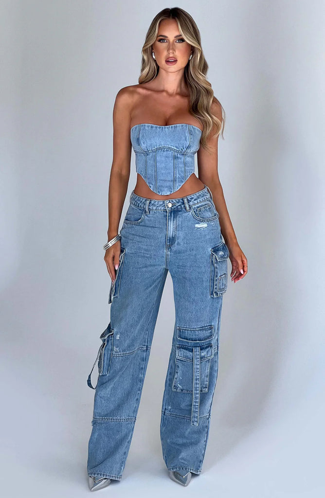 Zola Denim Set Dames - Comfortabele Cargo Stijl, Tijdloos Blauw 1