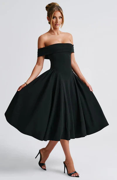 Olyvia Dames Midi Jurk | Off-Shoulder Plissé Design voor Bruiloften en Feestjes 7