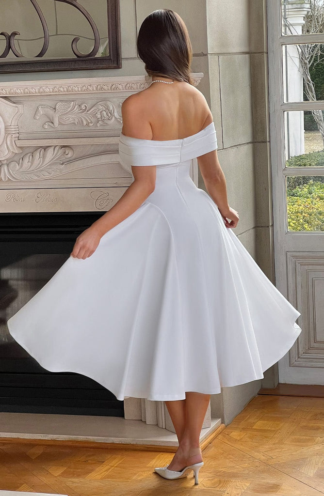 Olyvia Dames Midi Jurk | Off-Shoulder Plissé Design voor Bruiloften en Feestjes 3