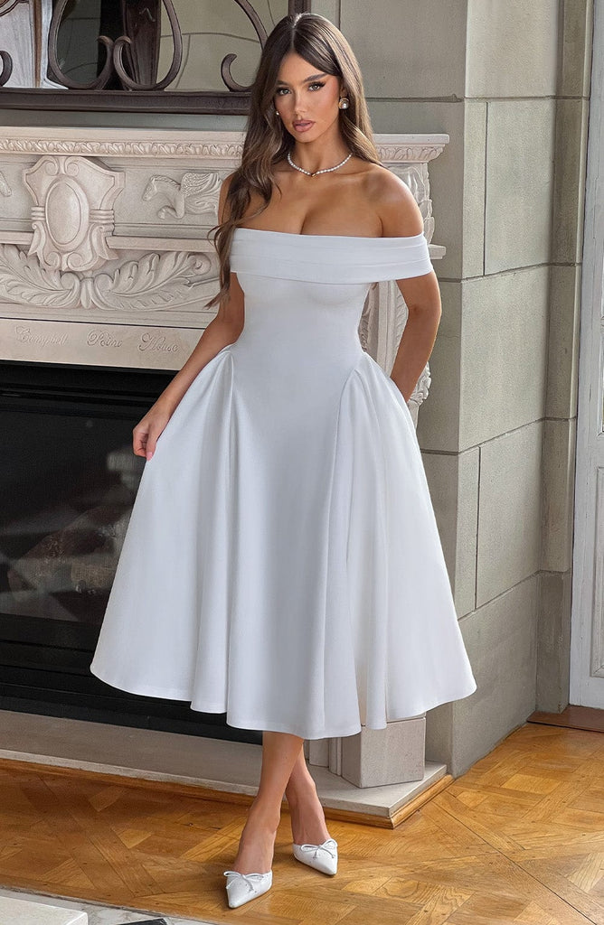 Olyvia Dames Midi Jurk | Off-Shoulder Plissé Design voor Bruiloften en Feestjes 2