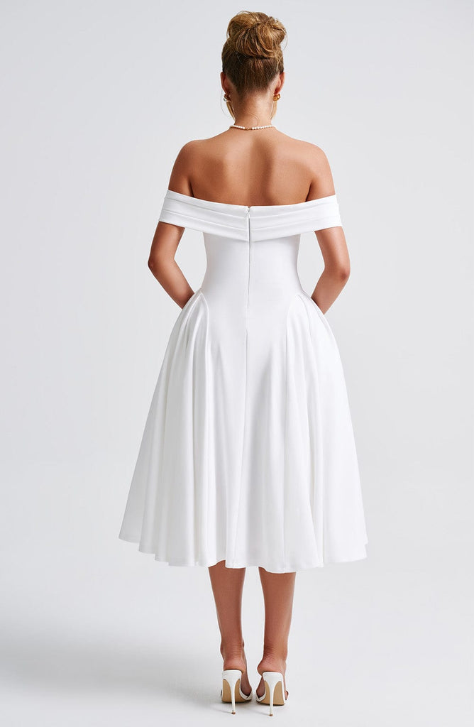 Olyvia Dames Midi Jurk | Off-Shoulder Plissé Design voor Bruiloften en Feestjes 4