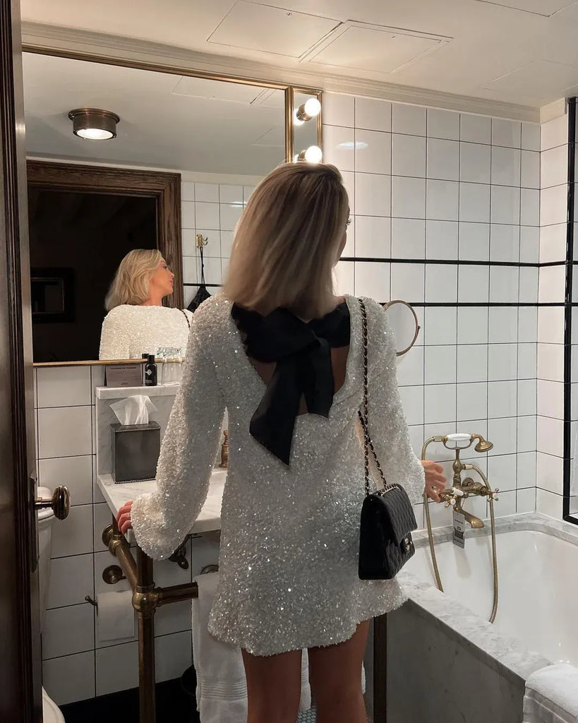 Lila Dames Mini Jurk | Luxe Textuurstof met Strik 2